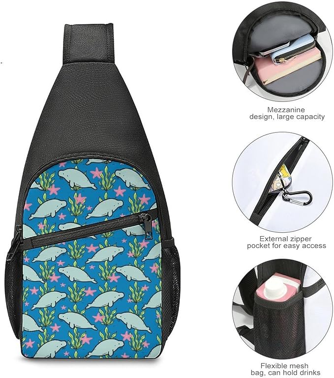 SWEET TANG Fashion Sling Backpack for Men Women, Lightweight Sling Shoulder Bag, Outdoor Chest Crossbody Bike Gym Runner Daypack with Adjustable Strap, Manatee Animals