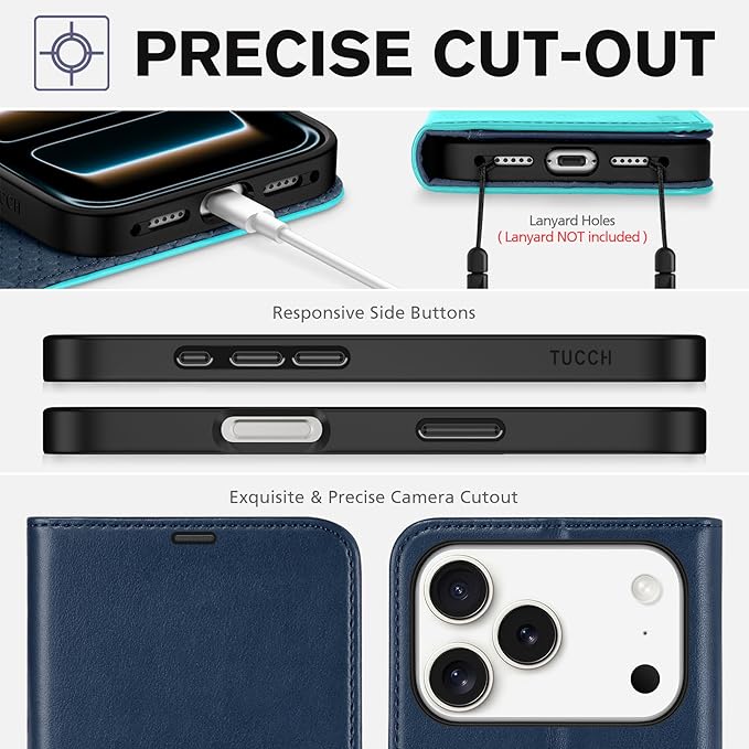 TUCCH Case Wallet for iPhone 17 Pro (6.3") 2025, Stand, RFID Blocking, 4 Card Holder, TPU Shockproof Inner Shell, PU Leather, Magnetic Closure Folio Protective Cover, Blue & Lake Blue