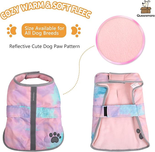 Queenmore Dog Winter Coat, Cold Weather Fleece Jacket for Dogs, Waterproof Reflective Reversible, for Small, Medium and Large Dogs (Tie-Dye, S)