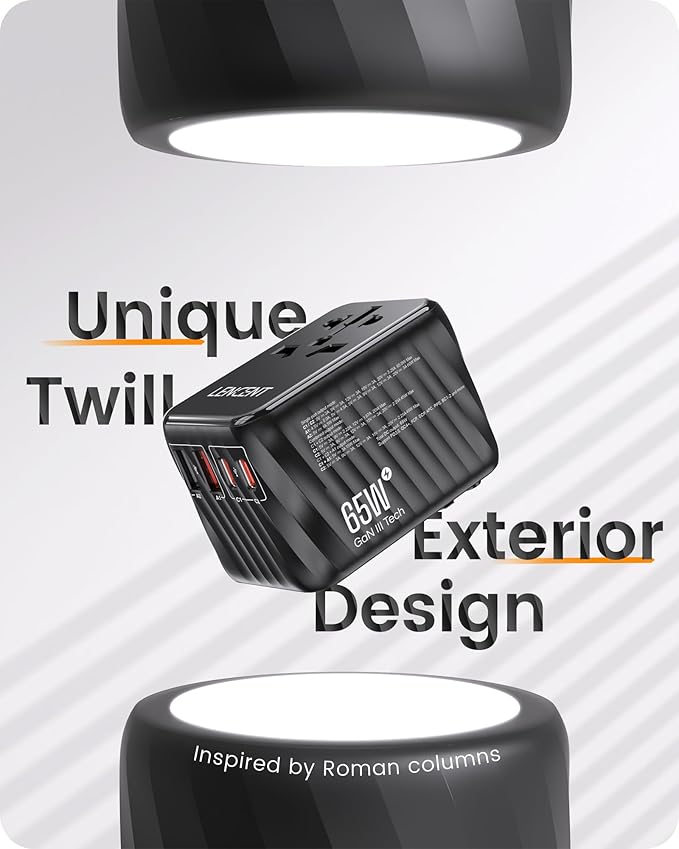 LENCENT Universal Travel Adapter, 65W GaN International Fast Charger with 2 PD3.0 Type C+2 QC USB A, Worldwide Power Adaptor for Phones,Laptops, All in One Travel Essentials for EU/USA/UK/AU, Black