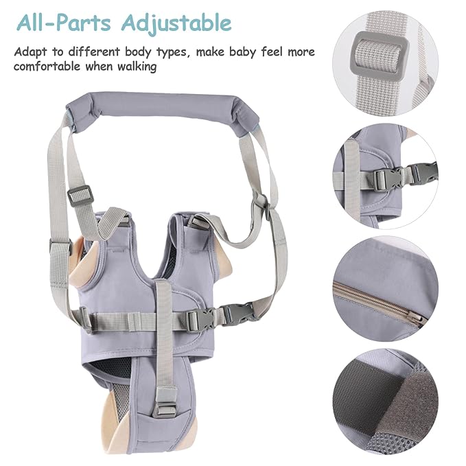 Baby Walking Harness Handheld Baby Walker Assistant Belt Adjustable Toddler Infant Walker Safety Harnesses Standing Up and Walking Learning Helper with Detachable Crotch for 9-24 Month (Gray)