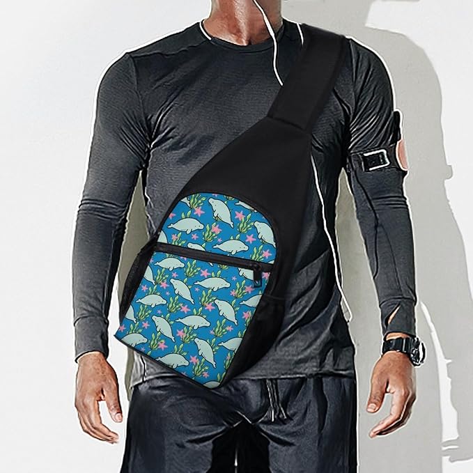 SWEET TANG Fashion Sling Backpack for Men Women, Lightweight Sling Shoulder Bag, Outdoor Chest Crossbody Bike Gym Runner Daypack with Adjustable Strap, Manatee Animals
