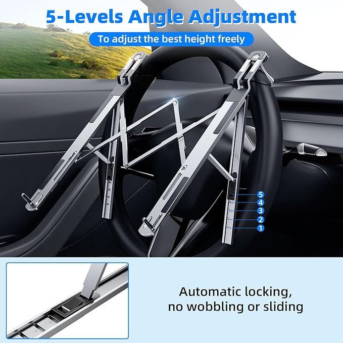 Angle Adjustable Car Steering Wheel Laptop Holder,Foldable Laptop Stand for car,Metal Car Notebook Riser | Car Reading Stand | Car Tablet Holder, Multipurpose Travel Car Accessories (Silver)