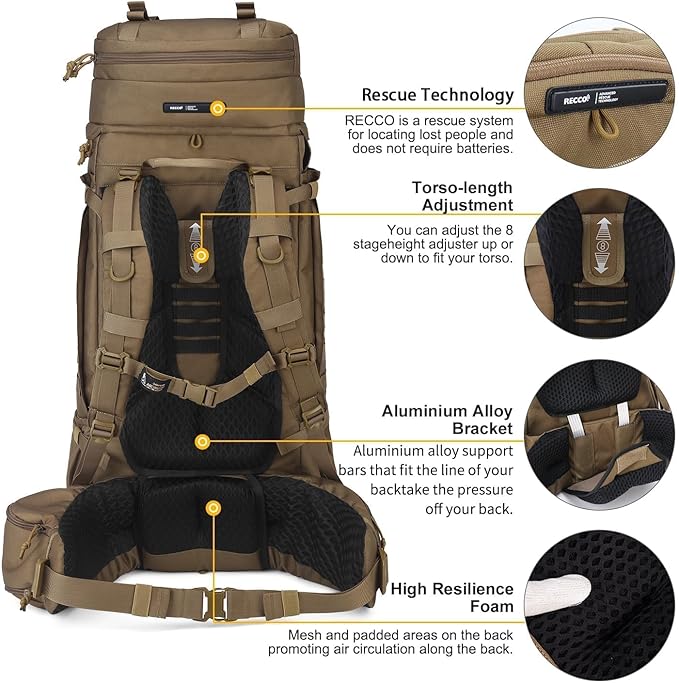 Mardingtop 75L Military Internal Frame Backpack for Men, Cordura Tactical Backpack with Recco for Snowboarding,Hiking,Camping