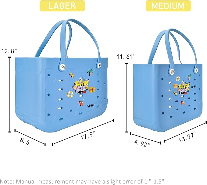 2-Piece Tote Bag Set, Waterproof Rubber Beach Bag with Summer Pattern, Medium & Large Handbag for Pool, Beach, Boat