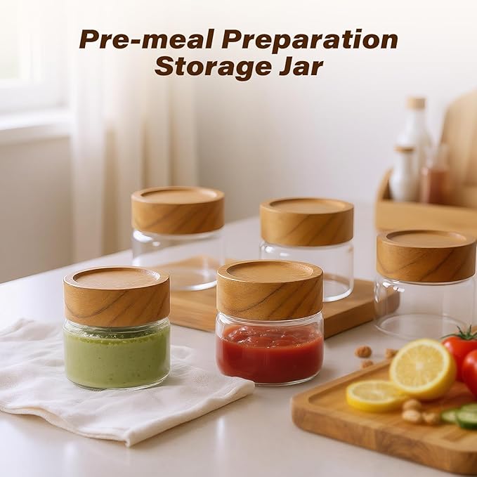 Zoaiirte 6-Pack 4 oz Stackable Airtight Glass Canisters with Acacia Lids - Small Mason Jars for Overnight Oats, Spice Storage, Herb Keepers, Pantry Organization and Dry Food Storage