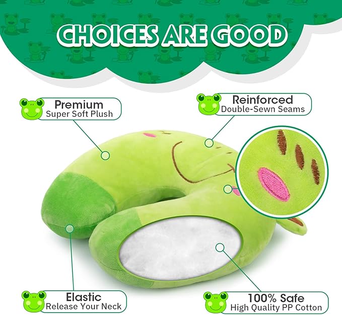 H HOMEWINS Travel Pillow for Kids,Cute Animal Neck Pillow for Boys Girls,Soft Neck Head Chin Support Pillow,Travel Accessories for Airplane, Car, Train,Recline(Frog)