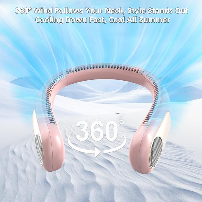 Portable Neck Fan,Personal Wearable Bladeless Fan,LED Display,4-Speeds,6000mAh USB Rechargeable,360° Strong Cooling Wind,Hands Free,Long Lasting,Birthday Gifts for Men Women Dad Mom (Pink)