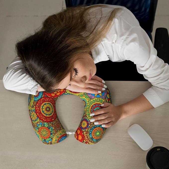 Comfortable Travel Pillow for Pain Relief Sleeping, Memory Foam Airplane Car Neck Pain Pillows Trippy Mandala Flower Gear, Funny Chin Head Support Cushion
