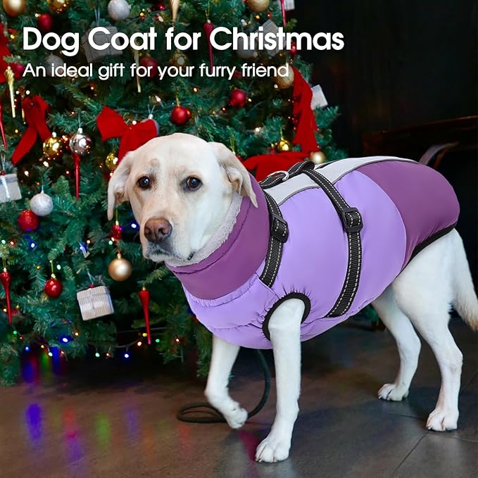 SUNFURA Dog Coat, XXXL Dog Jacket with Harness Built in, Waterproof Pet Winter Coat Snowsuit with Zip, Reflective Fleece Jacket for Extra Large Dogs, Great Dane, Purple 3XL