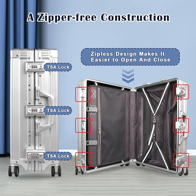 DOMINOX All Aluminum Carry On Luggage Hard Shell Luggage Aluminum Suitcase for Travel Zipperless Luggage Checked Luggage with Silent 360° Spinner Wheels 26 In. (Vertical Grain Style, Sliver)