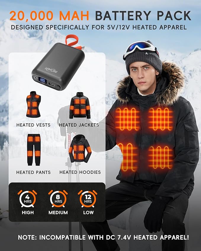 𝟭𝟮𝗩/𝟱𝗩 𝟮𝗔 𝟯𝗔 𝟮𝟬𝟬𝟬𝟬𝗺𝗔𝗵 Heated Jacket Battery Pack for Wulcea, Genovega, Kemimoto, Power Bank with LED Display for Heated Jacket Vest Pants Gear Chair Seats Blanket