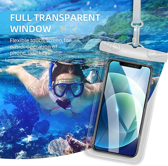 Waterproof Phone Pouch, New Lock Design Waterproof Phone case with Lanyard IPX8 Waterproof Dry Bag Universal Beach Cruise Essentials White
