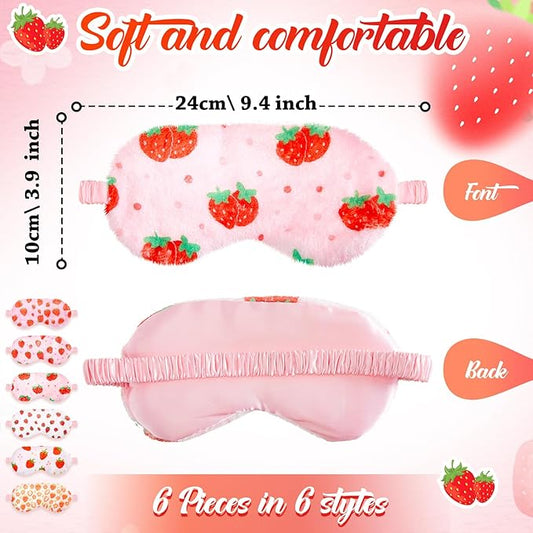 Cuffbow 6 Pcs Plush Sleep Eye Mask Silk Furry Eye Covers for Sleeping Cute Sleep Mask Fluffy Comfortable Sleeping Blindfold for Travel Sleepover Nap Party Supply Women(Strawberry,Pink)