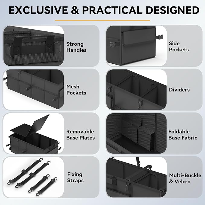 Car Trunk Organizer for SUV 60L Backseat Car Organizer Back Seat Large Storage Trunk Compartment Collapsible Car Caddy Heavy Duty Truck Storage Bin w/6 Pockets Adjustable Straps Cargo Van Jeep Sedan