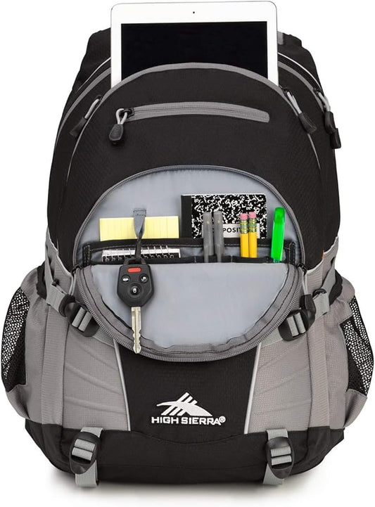 High Sierra Loop Backpack, Travel, or Work Bookbag with tablet sleeve, One Size, Black/Charcoal