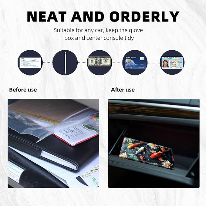 Car Registration and Insurance Holder PU Leather Vehicle Insurance and Registration Holders Wallet Case with Elastic Band Closure for ID Card, Driving Licence, Koi Fish and Lotus