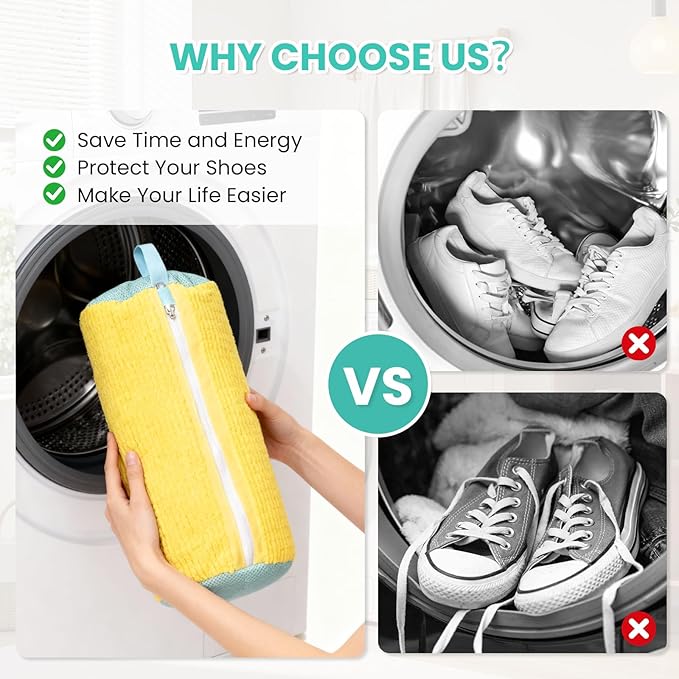Shoe Washing Machine Bag, 2-Pack Reusable Shoe Bag for Washing Machine, 360° Deep Clean for Sneaker, Running Shoes,Bras, Delicates and Toys, Includes 2 Shoe Storage Dust Bags(Yellow)