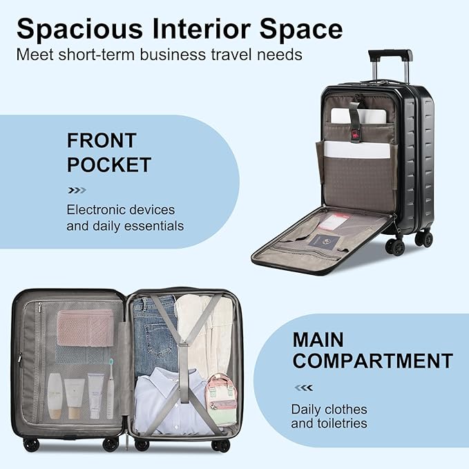 Carry On Luggage 22×14×9 Airline Approved, 20 Inch Lightweight ABS+PC Hard Shell Suitcases with Front Pocket, Spinner Wheels, TSA Lock (Black, 1PC)