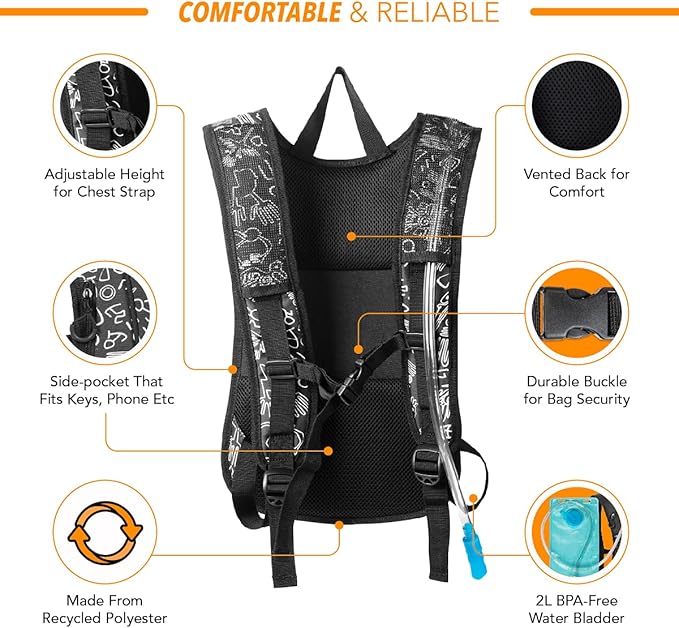 Vibe Festival Gear Hydration Pack Backpack with 2L Water Bladder for Women, Men, Teens, Kids - Hydropack Hydro Sports, Outdoor, Running, Camping, Hiking, Festivals, Raves