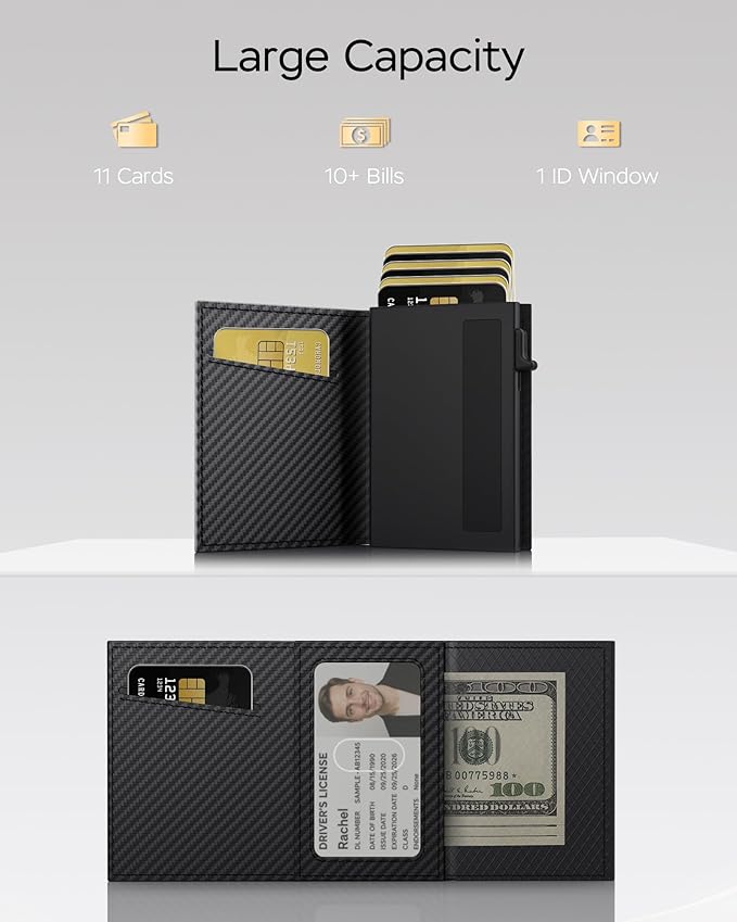 Wallet for Men - Sleek & Functional - Secure RFID Blocking Wallet with Smart Metal Pop Up Credit Card Holder, Minimalist Slim Front Pocket 11+ Cards ID Window Cash Slot, Gift for Him