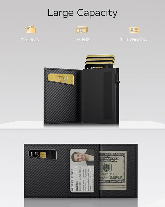 Wallet for Men - Sleek & Functional - Secure RFID Blocking Wallet with Smart Metal Pop Up Credit Card Holder, Minimalist Slim Front Pocket 11+ Cards ID Window Cash Slot, Gift for Him