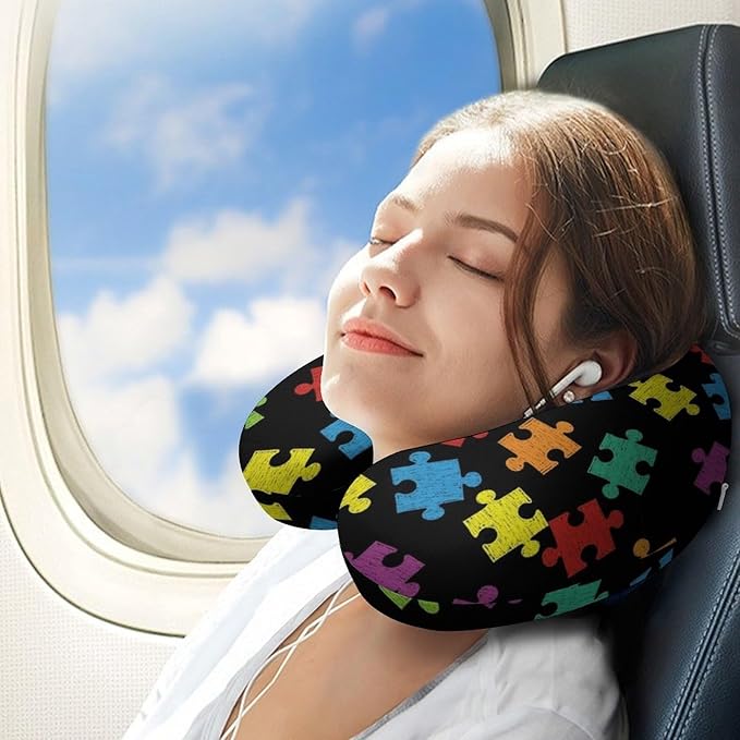 Breathable U-Shaped Neck Pillow Memory Foam Travel, Colorful Autism Awareness Pattern U-Shape, Machine Washable Support Home Office