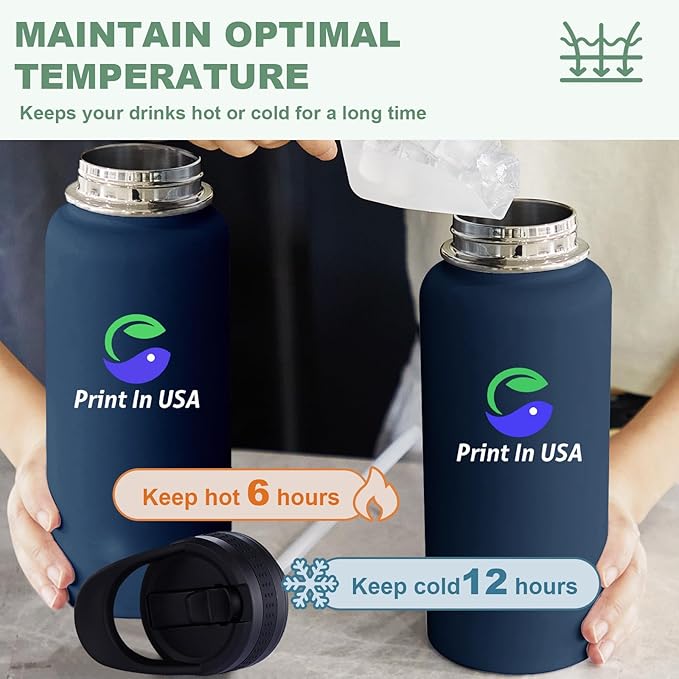 Personalized Custom Water Bottle Print in USA 32oz Stainless Steel Double Wall Coffee Cup with Lid & Straw Insulated Tumbler with Colorful Text Logo Photo 10Pcs