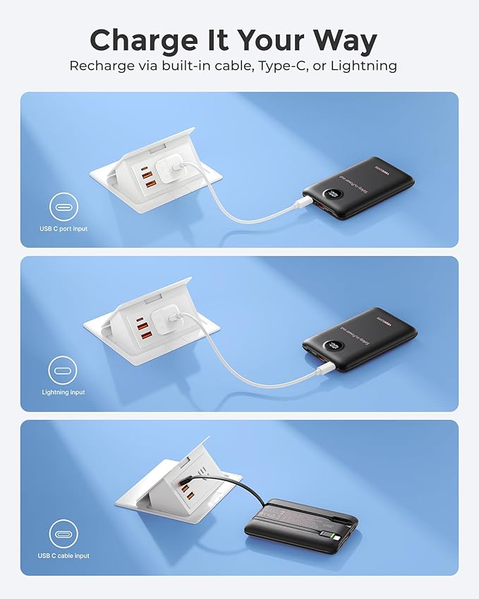 VEEKTOMX Portable Charger,10000mAh Power Bank with Built-in Cable and 22.5W Fast Charging,Travel Camping Essential,for iPhone 17/16/15/14,Samsung 25/24,and More