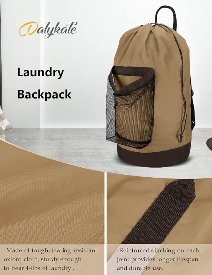 Dalykate Backpack Laundry Bag, Laundry Backpack with Shoulder Straps and Mesh Pocket Durable Nylon Clothes Hamper Bag with Drawstring Closure for College, Travel, Laundromat, Apartment