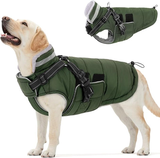 Queenmore XXXL Dog Coats for Extra Large Dogs Winter with Harness Built-in, Warm Waterproof Snow Jacket Large, Cold Weather Outdoor Coat - Fleece Lining Hook & Loop Closure Reflective Easy On, Green