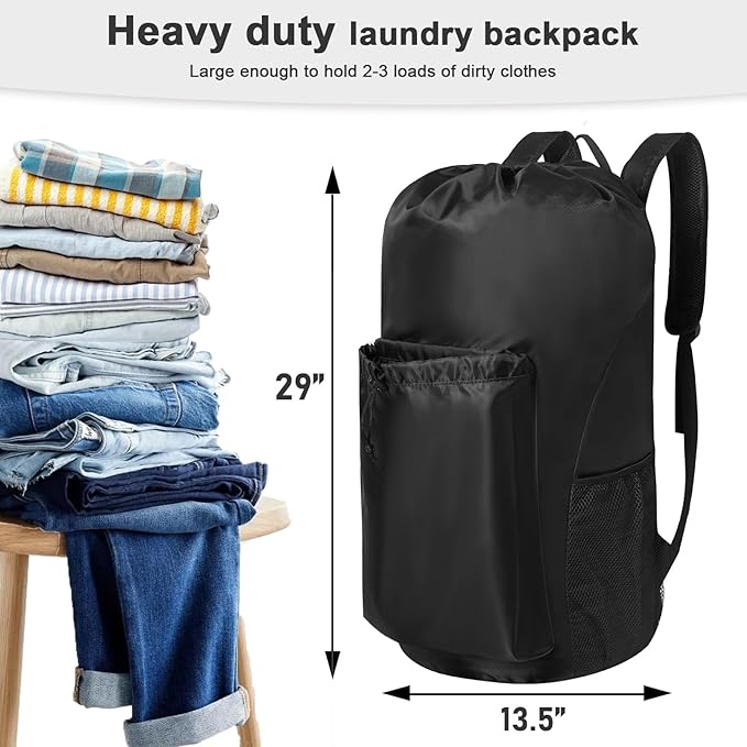 Gifts for Students, Polecasa Extra Heavy Duty Large Backpack Laundry Bag with Comfortable Padded Shoulder Straps & 4 Pockets, Christmas Gift for Women, Drawstring bag for Dorm, College, Travel, Black