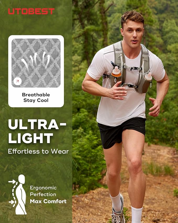 Running Vest, 5L Hydration Vest Lightweight, Breathable and Sweatproof Running Backpack, Adjustable Running Hydration Vest for Trail Running Marathon Race Jogging Cycling