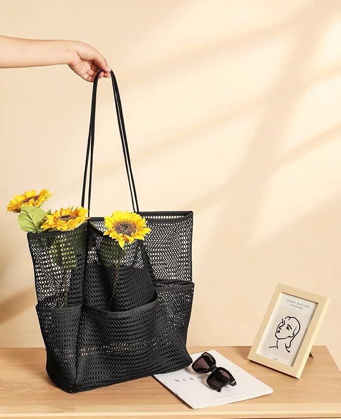 Iioscre Mesh Beach Tote Bags for Womens, Causal Hobo Pool Bags for Swimming Pools Vacations Beach Essentials