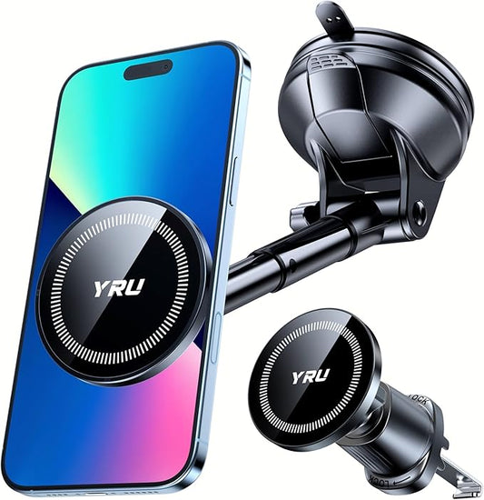 YRU [2025 Upgraded] Magnetic Phone Holder for Car【Patented & Super Magnet】for MagSafe Car Mount Dashboard Magnet Phone Holder Windshield Phone Stand for iPhone 17 16 15 14 13 12 Pro Max Samsung, Black