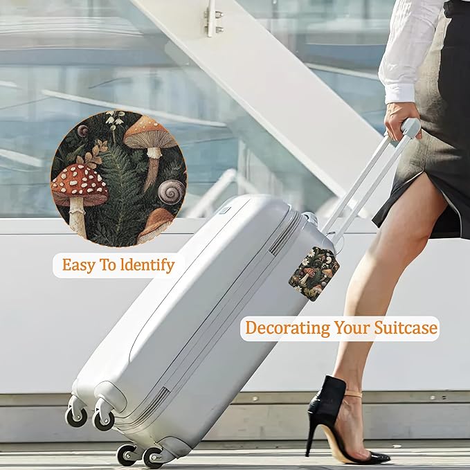 Cute Mushroom Luggage Tags for Suitcases, 3 Pack Leather Bag Tag Identifiers with Stainless Steel Loop and Address Card for Men Women