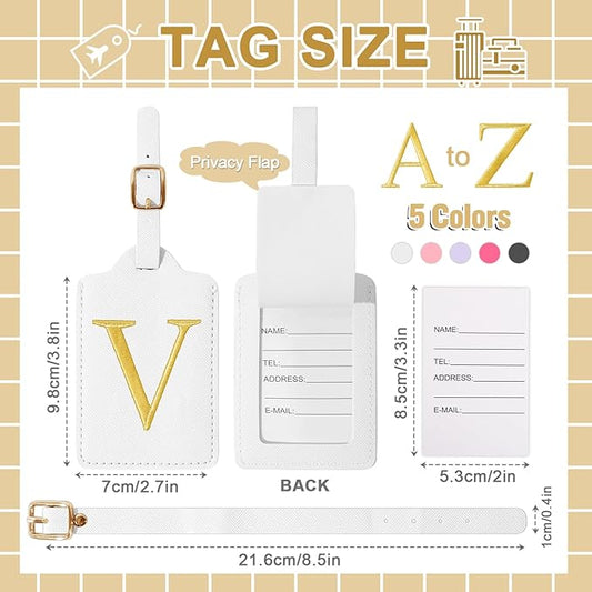 Personalized Initial Luggage Tags for Suitcase TSA Approved, White Leather Cute Luggage Tag with Privacy Cover Name Card, Embroidered Custom Luggage Tags Travel Baggage Tags Gifts for Women Kids(V)