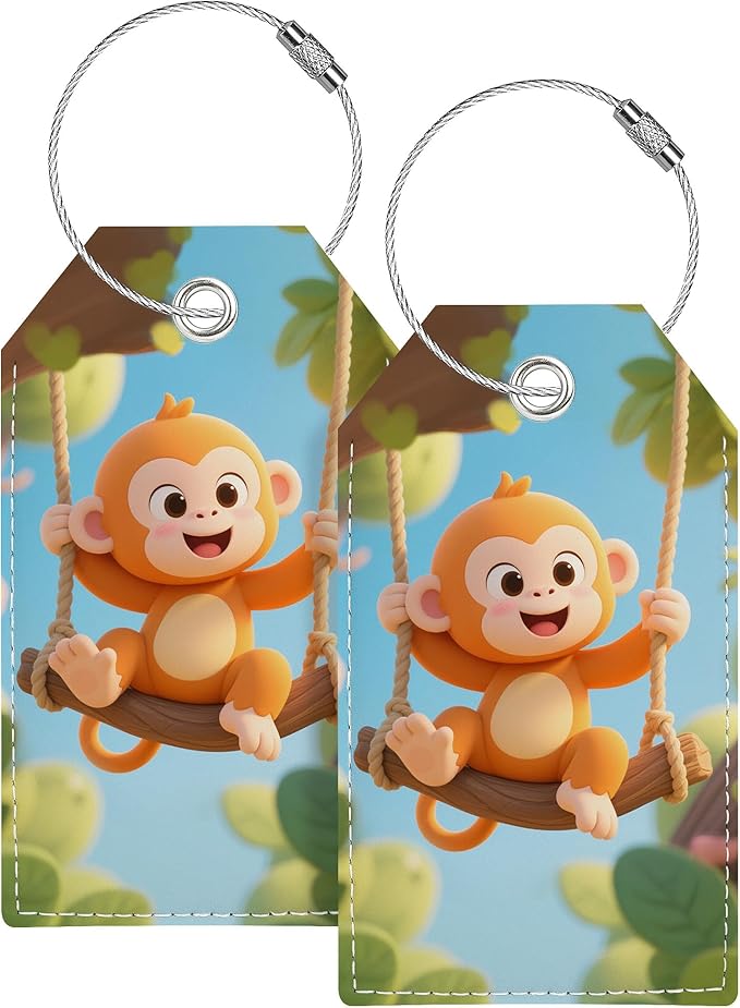 Luggage Tags for Suitcases, Cute Luggage Tag, Personalized Bag Tags for Backpacks Handbag School Instrument with Name ID Label Travel Essentials, Unique Fun Baggage Tags 2 Pack, Monkey