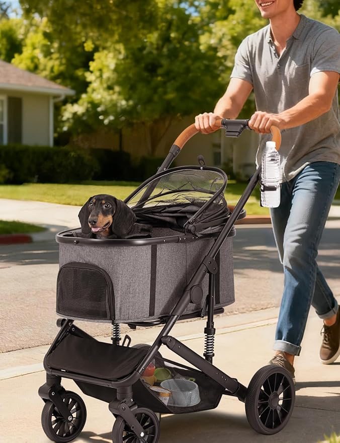 Dog Stroller for Small Medium Dogs Up to 60lbs, 4 Wheels Folding Pet Stroller with Detachable Carrier, Pet Travel Carrier for 2 Dogs & Cats, Storage Basket, Breathable, Grey