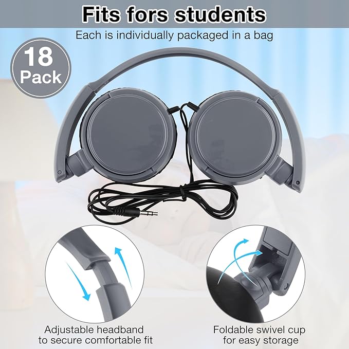 Yunsailing 18 Pack Classroom Headphones Bulk Student Wired Class Headphones Set for School with Individually Wrapped Adjustable Over Ear Head Earbuds (Gray)