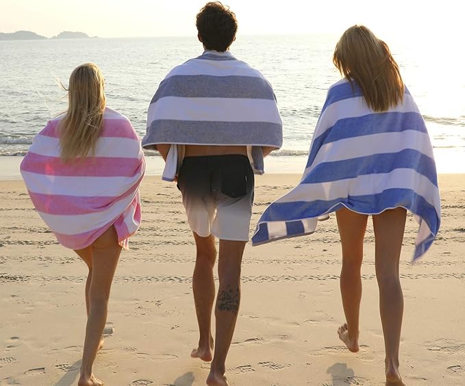 Cotton Oversized Beach Towel - Large 70 x 35 Inch Pool Towel, Rose Red Striped Quick Dry Swimming Cabana Towel