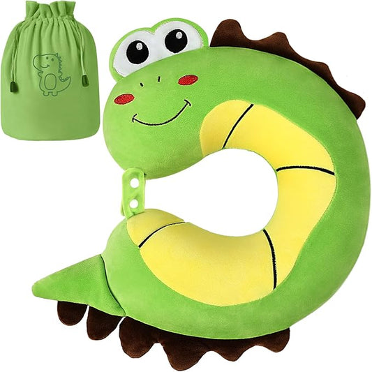 Kids Travel Pillow, Cute Dinosour Memory Foam Neck Pillow with Travel Bag, Soft Adjustable Airplane Pillow for Chin Support, Headrest- Green