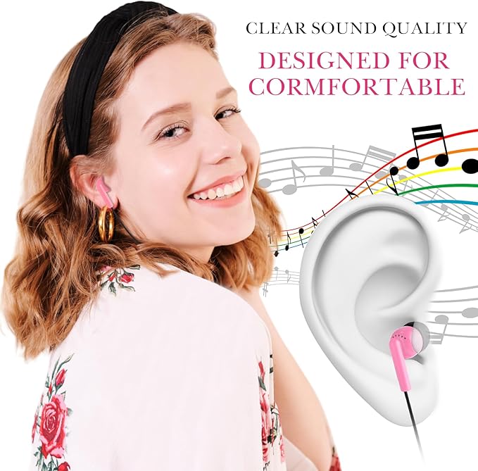Kanayu 100 Pack Wired Earbuds Bulk for Classroom Ear Headphones Wired Basic Student Earbuds No Microphone with 3.5MM Jack for Class Laptop School Library, Individually Bagged (Pink)