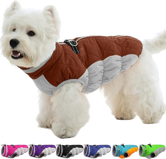 OUOBOB Small Dog Coat,Dog Jackets for Small Dogs,Warm Winter Jacket, Puppy Coat with Harness Built in,Waterproof Dogs Jacket,Puppy Cold Weather Coats,Winter Clothes Snowsuit Shih Tzu Bichon,Brown