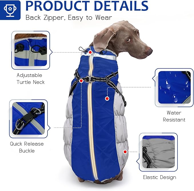 Abuandi Dog Winter Coat with Harness, Dog Jacket, Pet Clothes with Zipper on Back, Waterproof Windproof Warm Vest, Reflective Cold Weather Coats, for Small Medium Large Dogs, Thick, Blue, L