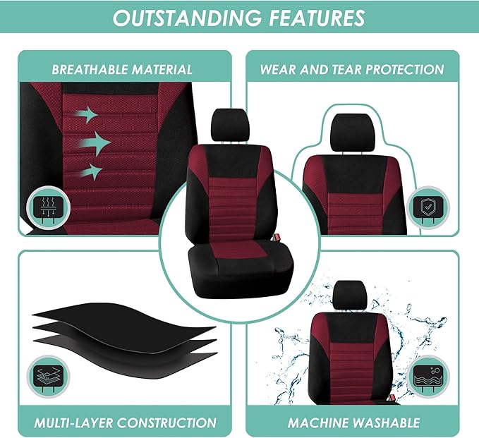 FH Group Automotive Car Seat Covers Full Set Premium 3D Air Mesh Front Seat Covers, Airbag Compatible & Split Bench Cover Universal Fit Interior Accessories for Cars Trucks and SUVs - Burgundy
