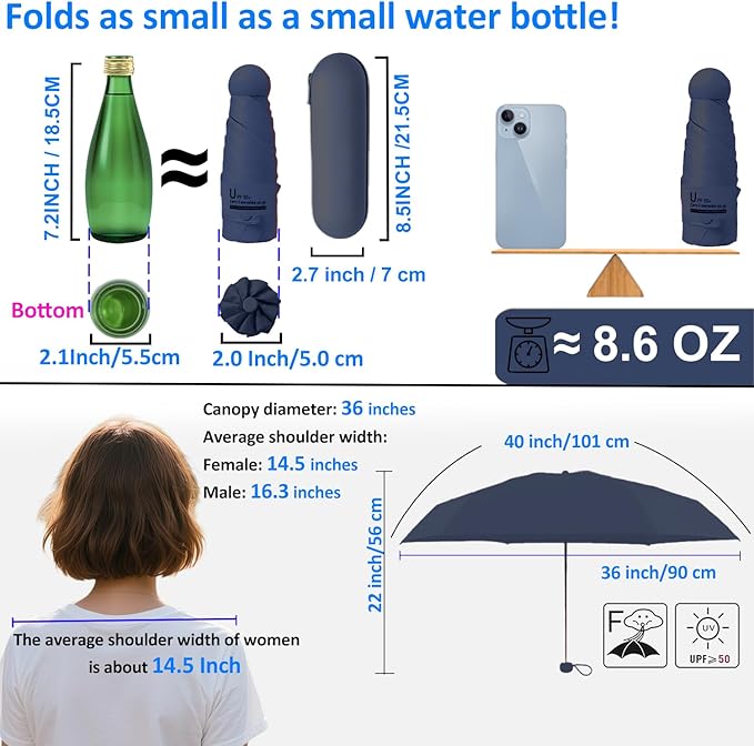 BAODINI Travel Essentials Mini Umbrella for Purse With Case Small Compact UV Sun Protection Lightweight Tiny Pocket Manual Open Close Umbrella for Women Kids and Men Fit Purse Backpack