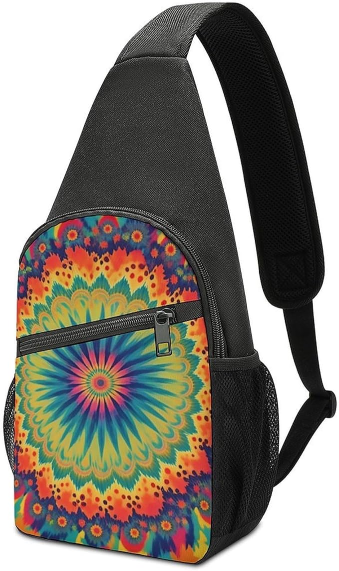 SWEET TANG Men and Women Sling Bag Chest Daypack, Trippy Tie Dye Mandala Colorful Shoulder Backpack Crossbody for Hiking Camping Running, Casual and Large Capacity Anti Theft Rucksack