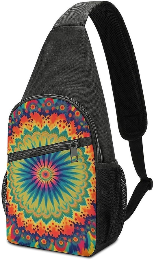 SWEET TANG Men and Women Sling Bag Chest Daypack, Trippy Tie Dye Mandala Colorful Shoulder Backpack Crossbody for Hiking Camping Running, Casual and Large Capacity Anti Theft Rucksack