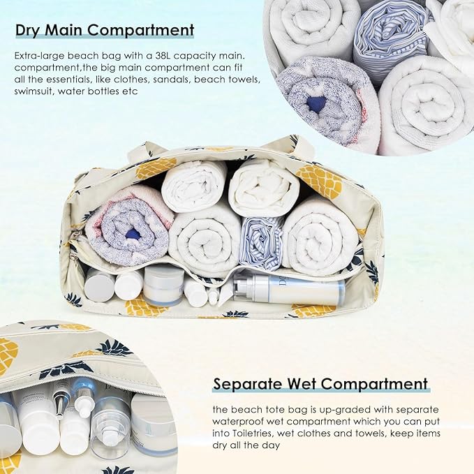 KABAQOO Extra Large Beach Bag Waterproof Sandproof Women Beach Tote with Zipper & Wet Compartment for Pool Gym Grocery Travel